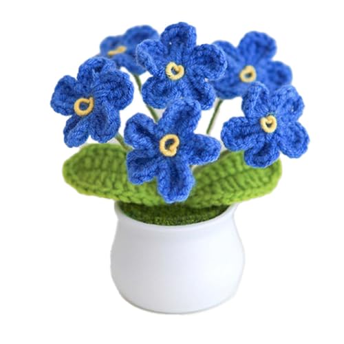 Knitting Crochet Flowers Potted Plants, Fake Forget Me Not Flowers for Friends, Family and Lover, Artificial Handmade Flowers for Birthday Wedding Gift and Home Decor (Blue)