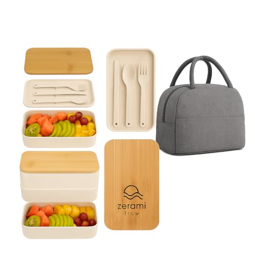 Zerami Flow Japanese Bento Box Set for Adults – Dual Tier Lunch Box with Bamboo Lid, Utensils & Insulated Bag, BPA-Free Meal Prep Container for Work, Travel & Portion Control (White)