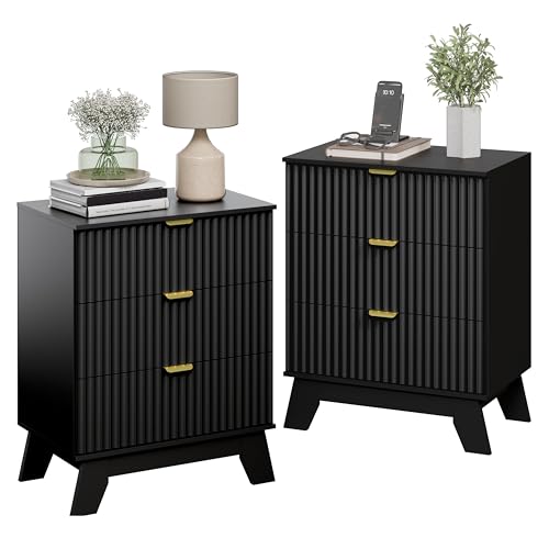 Image of Wodeer Night Stand Set 2, Bedside Table & End Table, Mid Century Modern Fluted Wood Nightstand with 3 Drawers & Metal Handles, Farmhouse Nightstand for Bedroom, Black