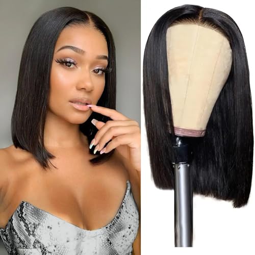 Glueless Wigs Human Hair Pre Plucked Pre Cut Wear and Go Straight Bob Wigs 4x4 Lace Closure Wigs 180% Density Short Human Hair Wigs for Black Women (Glueless Wig, 12inch)