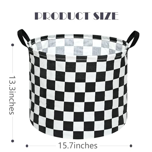 Image of 3 Pack Checkered Storage Baskets with Leather Handles, Foldable Fabric Toy Storage Bins with Waterproof Lining, Large Round Laundry Hamper for Kids Room, Nursery, Bedroom, Playroom Organization