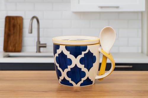 Image of HS HINDUSTANI SAUDAGAR Blue Umrao Cup & Coaster Set of 1 (330 ML Each) Microwave Safe Coffee Mugs Ceramic Milk Mug Ceramic Tea Mug Set Handmade Cup Best for Gift.