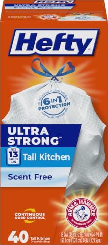 Image of Hefty Ultra Strong 13 Gallon Trash Bags, Tall Kitchen Trash Bags 13 Gallon Size, Drawstring Closure, Continuous Odor Control, White, Unscented, 40 Bags (Pack of 6)