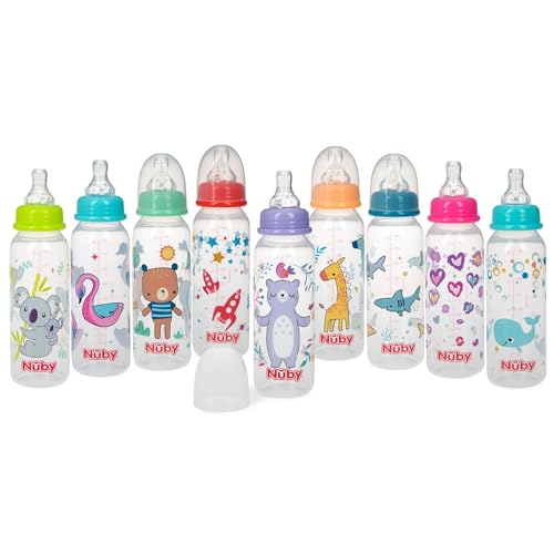 Nuby Standard Neck Tinted Bottle 8 Ounce 1 Pack of 1 Bottle Colors/Patterns May Vary