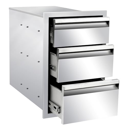 Image of Outdoor Kitchen Drawers 14 inch W x 21 inch H x 23 inch D Stainless Steel Drawer BBQ Triple Drawers with Hidden Handle for Outdoor Kitchen Island, Patio Grill Station