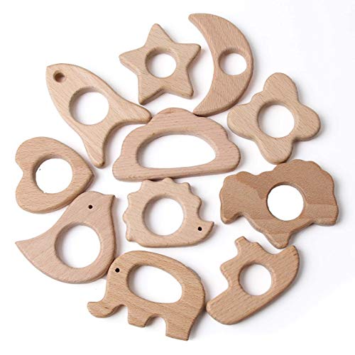 Image of Wood Teethers for Babies DIY Necklace and Bangles Soothes Gum Pain Molar Teething Wood, Bird Elephant Sheep Moon Rocket Butterfly Star Heart Hedgehog Ship Cloud