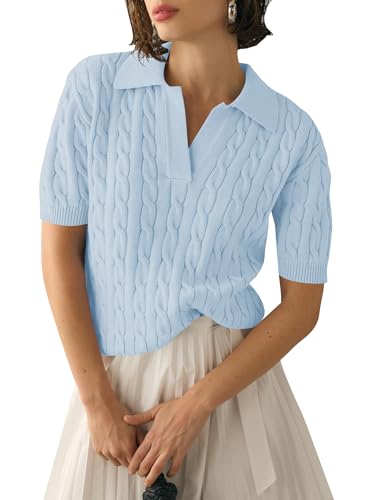 Image of Micoson Womens Short Sleeve Sweater Tops Lapel V Neck Polo Shirts 2026 Summer Cable Knit Loose Blouse Business Casual Outfits