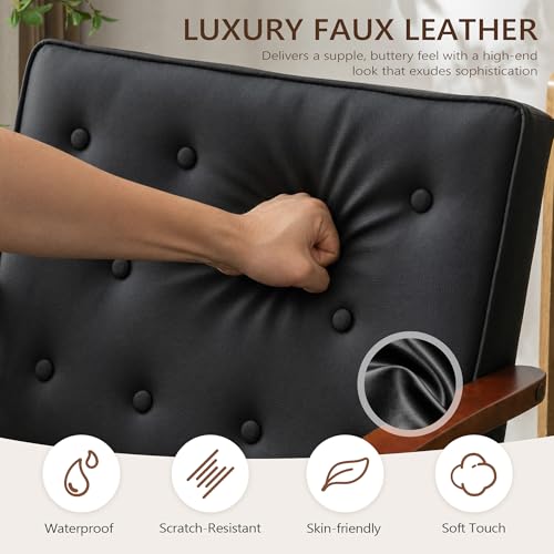 Image of Black Accent Chairs Set of 2, Faux Leather Chairs with Solid Wood Armrest | JIASTING, Mid-Century Modern, Tufted Backrest, Living Room, Waiting Room, Office