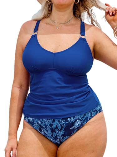 CUPSHE Women's Plus Size Tankini Sets V Neck Two Piece Swimsuits Adjustable Self Tie Strappy Mid Rise