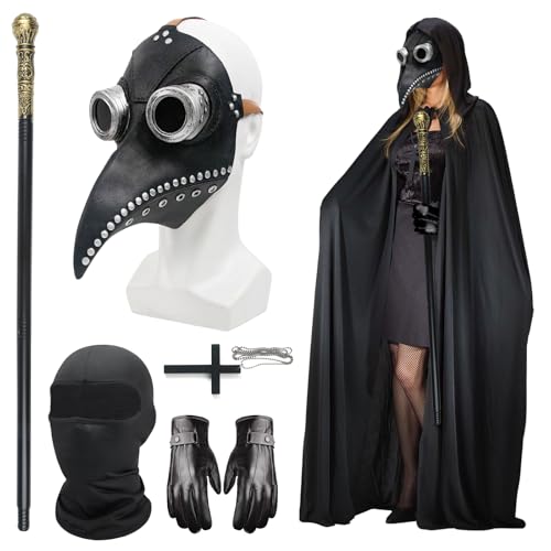 Satar Refes Plague Doctor Costume Adult Leather Plague Doctor Mask Long Nose Bird Beak Steampunk Masks with Black Gloves Hooded Cloak Full Face Covering Cane for Halloween Costume Cosplay Party
