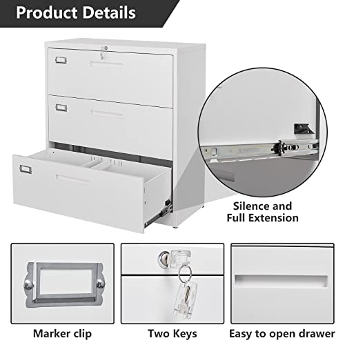 Lissimo 3 Drawer Metal File Cabinet With Lock, Office Storage Filing Cabinet For Legal/Letter/A4 File, Hanging File Folders(White) #TOP5