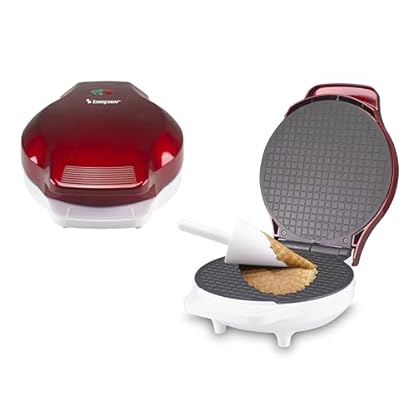 BEPER P101CUD002 Elektrisches Waffeleisen, 1000 W, Waffeleisen für Kegel 18 cm, wärmeisolierender Griff, Kegel-Zubehör inklusive, Weiß/Rot