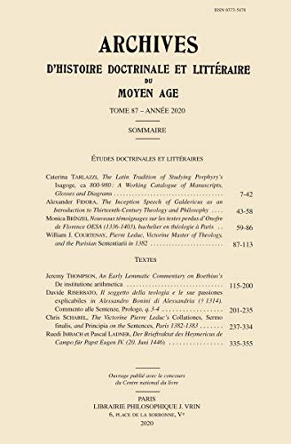 Archives d'Histoire Litteraire Et Doctrinale Du Moyen Age T. LXXXVII (2020) (Archives d'Histoire Doctrinale Et Littéraire Du Moyen-Age) (French Edition)