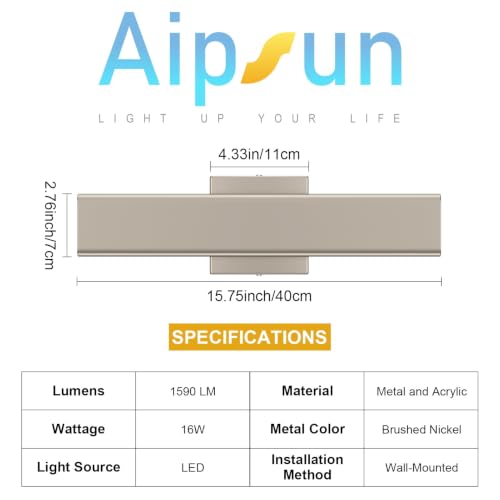 Image of Aipsun 15.7 inch Nickel LED Outdoor Wall Sconce, Modern Exterior Wall Light | 2 Pack 3CCT(3000K-4000K-6000K) IP65 Waterproof, Memory Function, Linear Outside Wall Light for Entrance, Garage, Porch, Patio