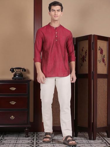 Image of KRYPTIC Men's Full Sleeve Regular Fit Short Kurta in Premium Pure Cotton with Patch Pocket and Mandarin Collar - Perfect Blend of Style and Comfort