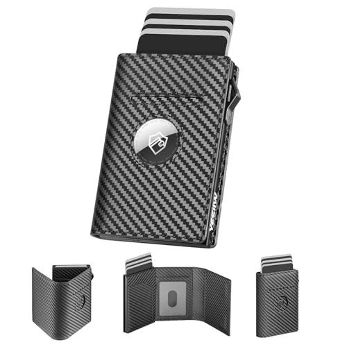YESIIW Airtag Wallet for Men Compatible With AirTag, RFID Blocking Mens Wallet Leather Smart Wallet Air Tag Wallets, Pop Up Card Holder with Money Clip and ID Window Carbon Black