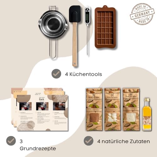 Pure Xocolate Zestaw do Robienia Czekolady - Wegańska Biała i Czarna Domowa Czekolada bez Glutenu i Laktozy - Szpatułka, Miska, Syrop z Agawy, Termometr, Dodatki - Idealny Czekoladowy Prezent (Deutsch)