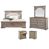 Pemberly Row Set of 4 Solid Wood Driftwood Gray Queen Size Bedroom Set