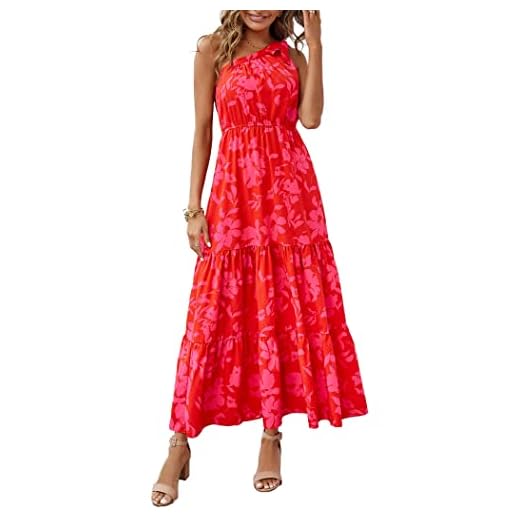 PRETTYGARDEN Women's Floral Maxi Dress 2023 Knot One Shoulder Sleeveless Ruffle Hem Flowy Boho Dresses (Red Floral,Medium)