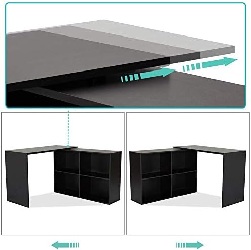 Meerveil L Shaped Desk, 360° Rotating Direction 106 x 106 x 75 cm Corner Desk, Black Computer Workstation for Gaming Study Home Office Living Room, F1012CT10BK