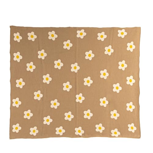 Image of Creative Co-Op Cotton Knit Baby Blanket with Printed Flowers, Brown and White