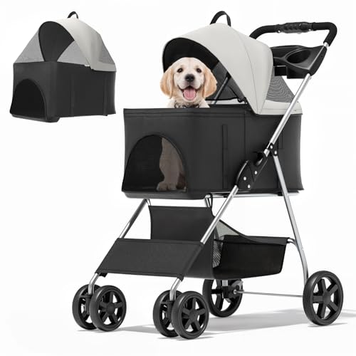 MoNiBloom 3 in 1 Foldable Pet Stroller for Small & Medium Dogs, Detachable Carrier, Car Seat, Push Button Entry, 4-Wheel Jogger for Pets up to 33 lbs, Black
