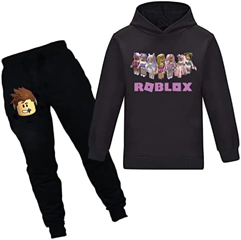 Yoahizfa Kids Roblo-xs Hoodie Pullover Sweatshirt Jogging Pants Set for Girls Sport Tracksuit YouTube Gamer Outfits Gift