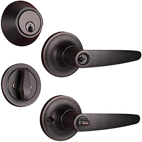 Probrico Straight Door Handleset Levers with Single Cylinder Deadbolts Combo, Keyed Alike Entry Door Handles Lockset, Reversible Door Knobs for Right & Left Side, Oil Rubbed Bronze, 2 Pack