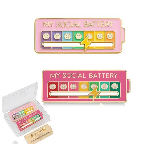 2Pcs Social Battery Slider Pin Funny Interactive Brooch Enamel Pins for 7 Days Cute Mood Pins for Backpacks Clothing Hat Bags Scarves (Style 3 (Pink))