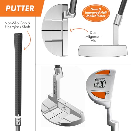 Image of PGA Tour Youth Golf Club Set for Ages 8-12 & 12+ (4'8 inch-5'10 inch), Right and Left-Handed Kids Golf Sets - Beginner Junior Golf Clubs with Lightweight Stand Bag, Mallet Putter, Hybrid, Driver