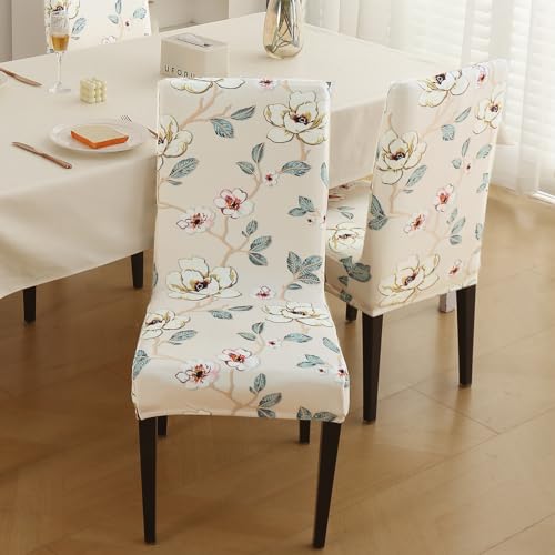 Image of HOKIPO Premium Printed Velvet Dining Chair Cover Set of 1, Buttercream Magnolia Whisper (AR-5794-D5)