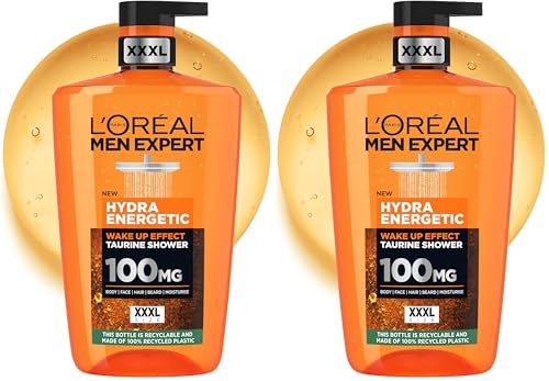 L’Oréal Paris Men Expert Hydra Energetic, Taurine 5 in 1 Shower Gel, For Face, Body, & Hair, 1L (Pack of 2)