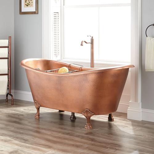 Zamuna 60 Inch Hammered Copper Double Slipper Clawfoot Tub, Hammered Exterior and Smooth Interior Freestanding Bathtub, Lion Paw Feet and Traditional Design Hand Polished Bath Tub