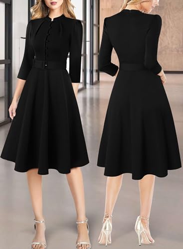 VFSHOW Womens 2024 Business Work Office 3/4 Sleeve Pockets Belted Buttons Elegant Fit and Flare A-Line Dress2