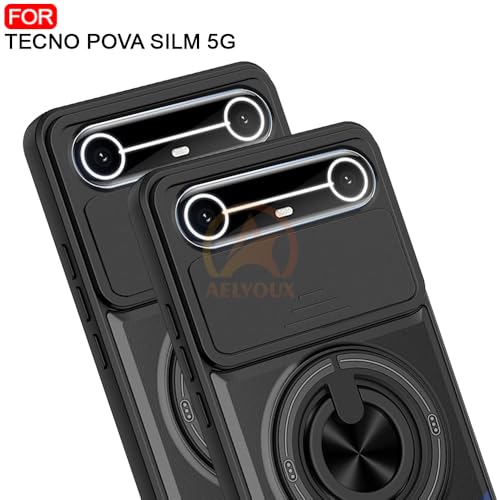Image of Tecno Pova Slim 5G Back Cover | Armor Camera Slider 360 Degree Rotating Finger Ring Holder Case with Bracket Stand Back Case Cover (Compatible with MagSafe Accessories) (Black)