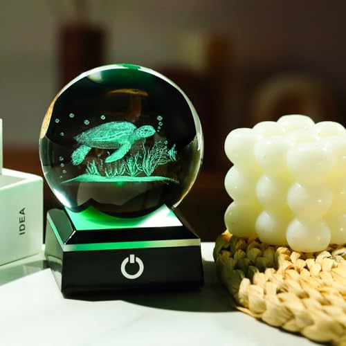 Image of 3D Crystal Ball Sea Turtle Gifts for Women Men Snow Globe Ornament with LED Base Night Light, Laser Engraved Sea Turtle Decor Figurines Gifts for Turtle Lovers