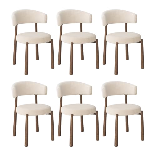 WOLTU Juego de 6 Sillas de Comedor, Tela de Terciopelo Chenilla, Asiento con Acolchado Grueso, Estructura Metálica Acabado Nogal, para Cocina, Salón, Dormitorio, Capacidad de Carga 150 kg,Beige