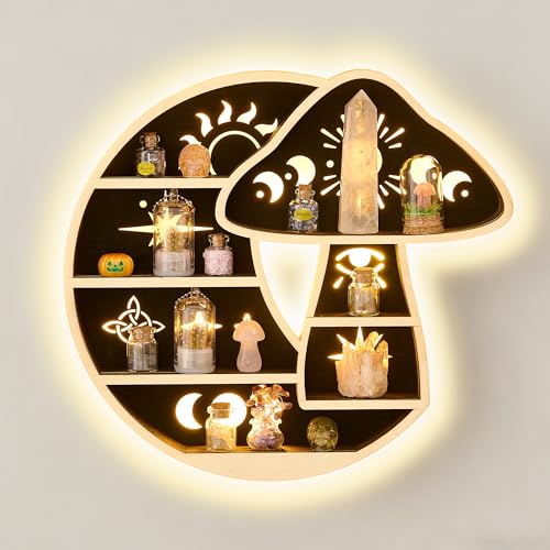 FNYDOX Crescent Moon Shelf with LED Light, Wooden Mushroom Shelf