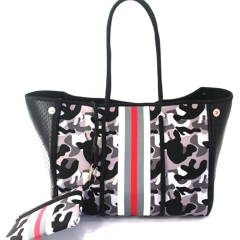 Woman Neoprene Beach Tote Bag - TRANBO Large Sand proof Handbags with Wristlet for Summer Vacation Pool Beach Gym, Camo-black Gray, L Cover