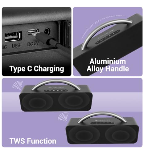 Image of Zebronics Rocket 200 Portable Wireless Speaker with 20W Bluetooth 5.1, FM, USB, AUX, Deep Bass,Media & TWS, Microphone Input, Karaoke,Dual 5.08cm Drives,Call Function(Black)
