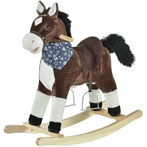 Qaba Kids Plush Ride-On Rocking Horse Toy Cowboy Rocker with Fun Realistic Sounds for Child 3-6 Years Old, Brown Cover