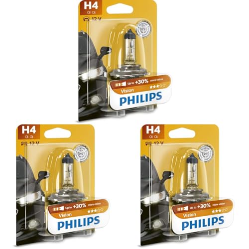 Philips Vision H4 Ampoule De Phare Avant, plus 30% De Luminosité, Blister De 1 (Lot de 3)
