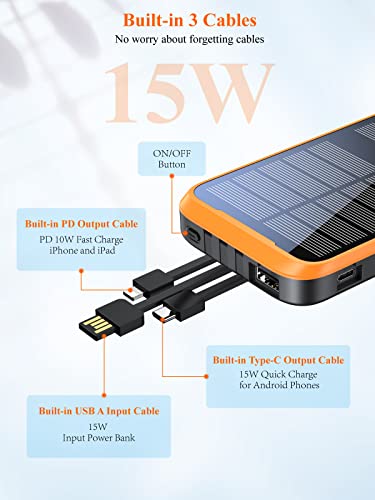 Solar-Charger-Power-Bank - Portable Charger,43800Mah Qc3.0 Fast Charging Qi 10W Wireless Portable Charger Built-In 2 Kinds Output Cable And 680Lumen Bright Flashlights (Orange) #TOP2