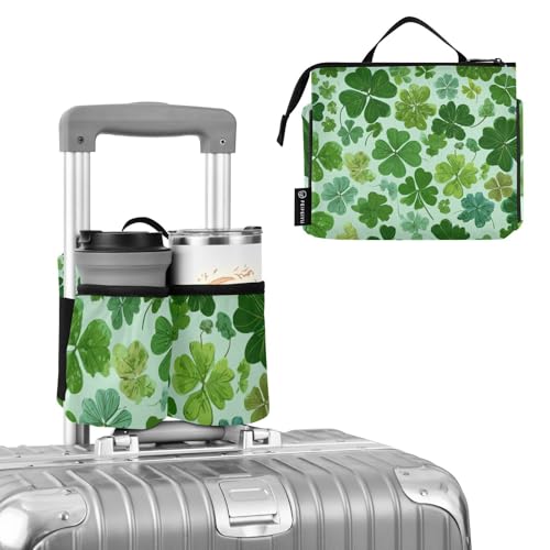 Image of Luggage Cup Holder for Suitcases Free Hands Suitcase Cup Holder Travel Luggage Drink Holder Portable Luggage Cup Caddy Bag Carrier with Handle Green Nature St Patrick Clovers