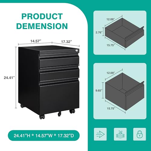 Image of SISESOL 3 Drawer Mobile File Cabinet with Lock,Black Under Desk File Cabinets with Wheels,Rolling Metal Filing Cabinet for Home Office,Fit Legal /Letter /a4 File,Fully Assembled Except Caster