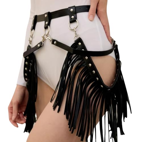 haozaikeji Women Leather Tassel Waist Belt Gothic Fringe Belt Long Tassel Punk Skirt Waist Belt for Club Party Dance Costume2