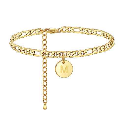 FOSIR 18K Gold Plated Stainless Steel Initial Ankle Bracelet for Women Figaro Chain Letter Anklet