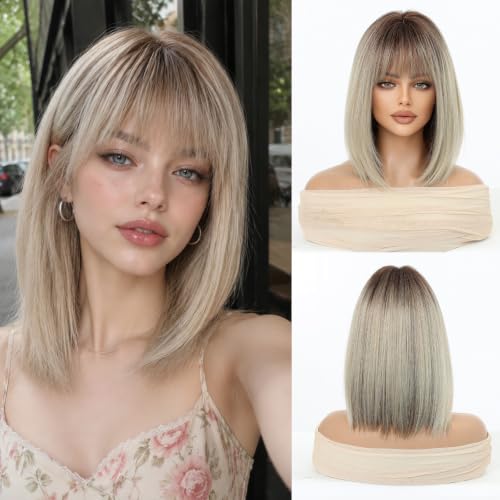Esmee Short Straight Blonde Bob Wig for Women with Bangs- 12IN