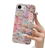 siduater Hand Strap Holder Case for iPhone SE 3rd / SE 2nd Gen, iPhone 8 & iPhone 7 with Kickstand, Wrist Band Strap Soft Design Shockproof Cover, Adjustable Handle Grip Loop (Floral Pink)