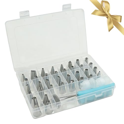 Vvluvva Piping Tips Set with Organizer Case, Stainless Steel Cake Decorating Tips for Cupcakes Cookies and Pastries, Cookie Icing and Buttercream Frosting Kit with Pattern Chart (B-42Pcs)